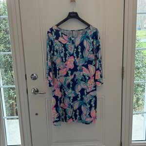 Lilly Pulitzer Navy Floral Midi Dress with Pink & Mint Accents size Large